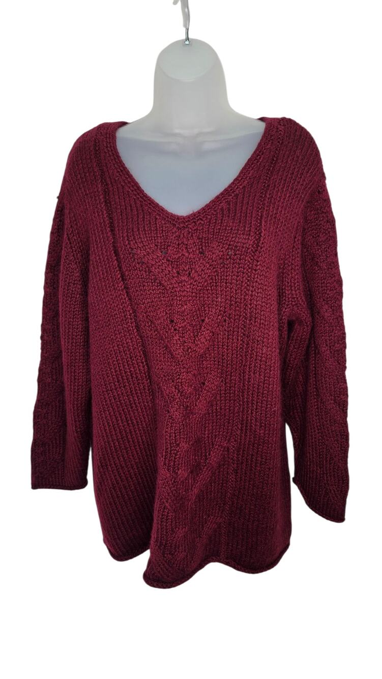 J. Jill Burgundy Cable Knit Sweater Wool Alpaca V-Neck Cozy Boho Chic M